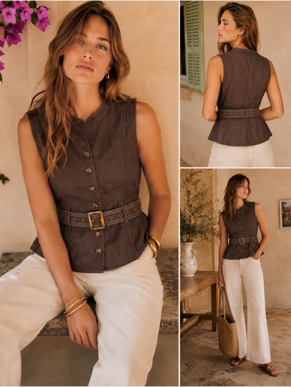100% Linen Sleeveless Belted  Top - Chocolate Brown Size Medium